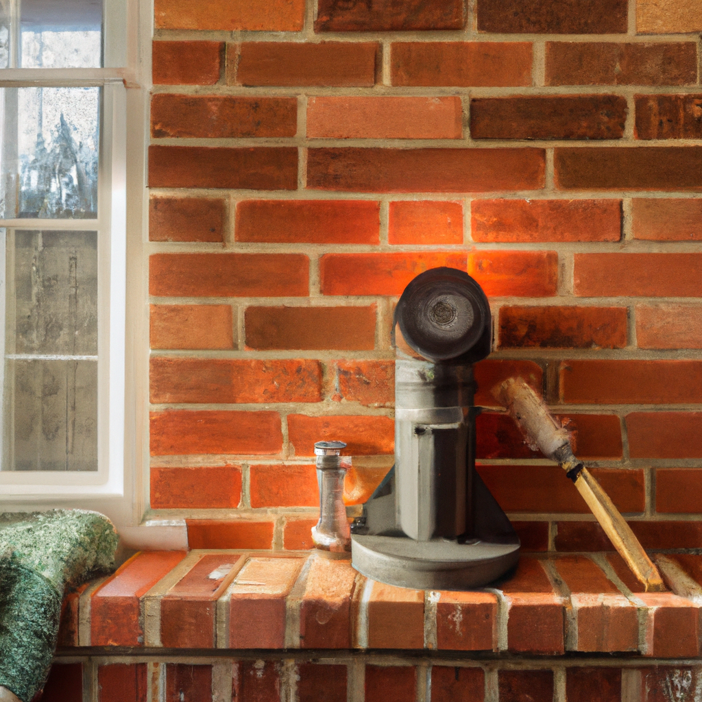 Professional chimney technician tools and brush near a brick fireplace in a modern Canadian home